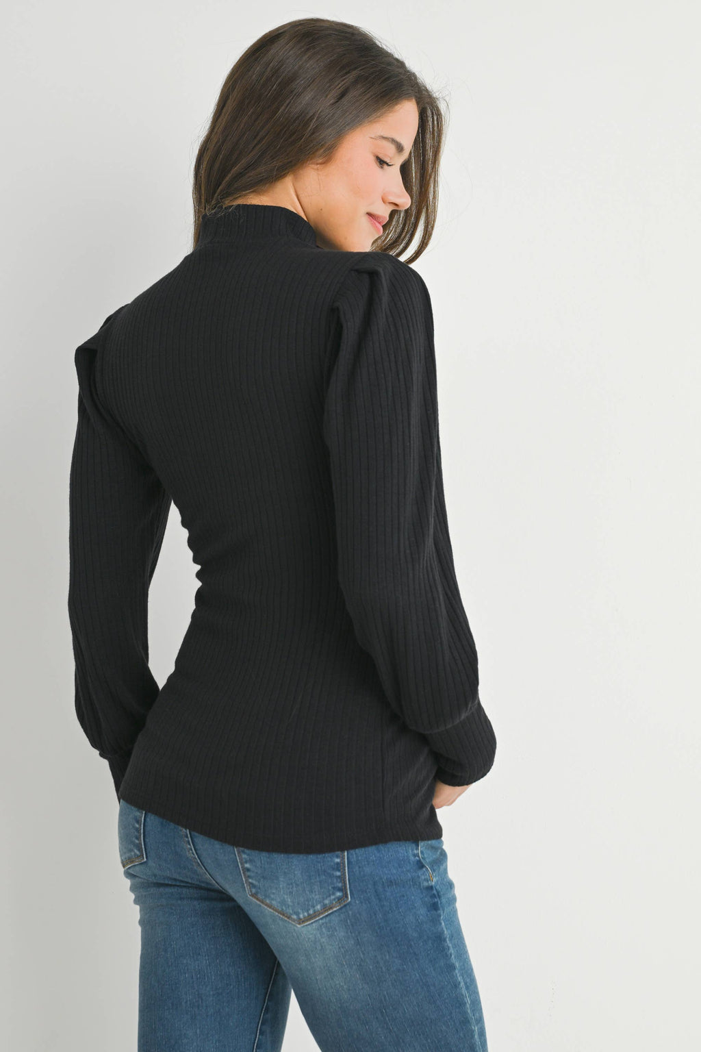 Black Ribbed Mock Neck Puff Sleeve Maternity Top