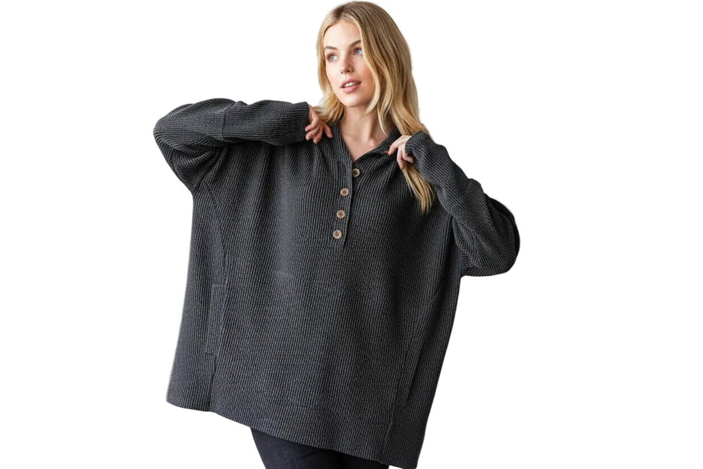 Charcoal Urban Ribbed Hoodie with Buttons *Breastfeeding Friendly*