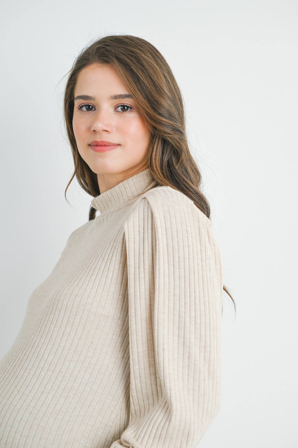 Oatmeal Ribbed Mock Neck Puff Sleeve Maternity Top