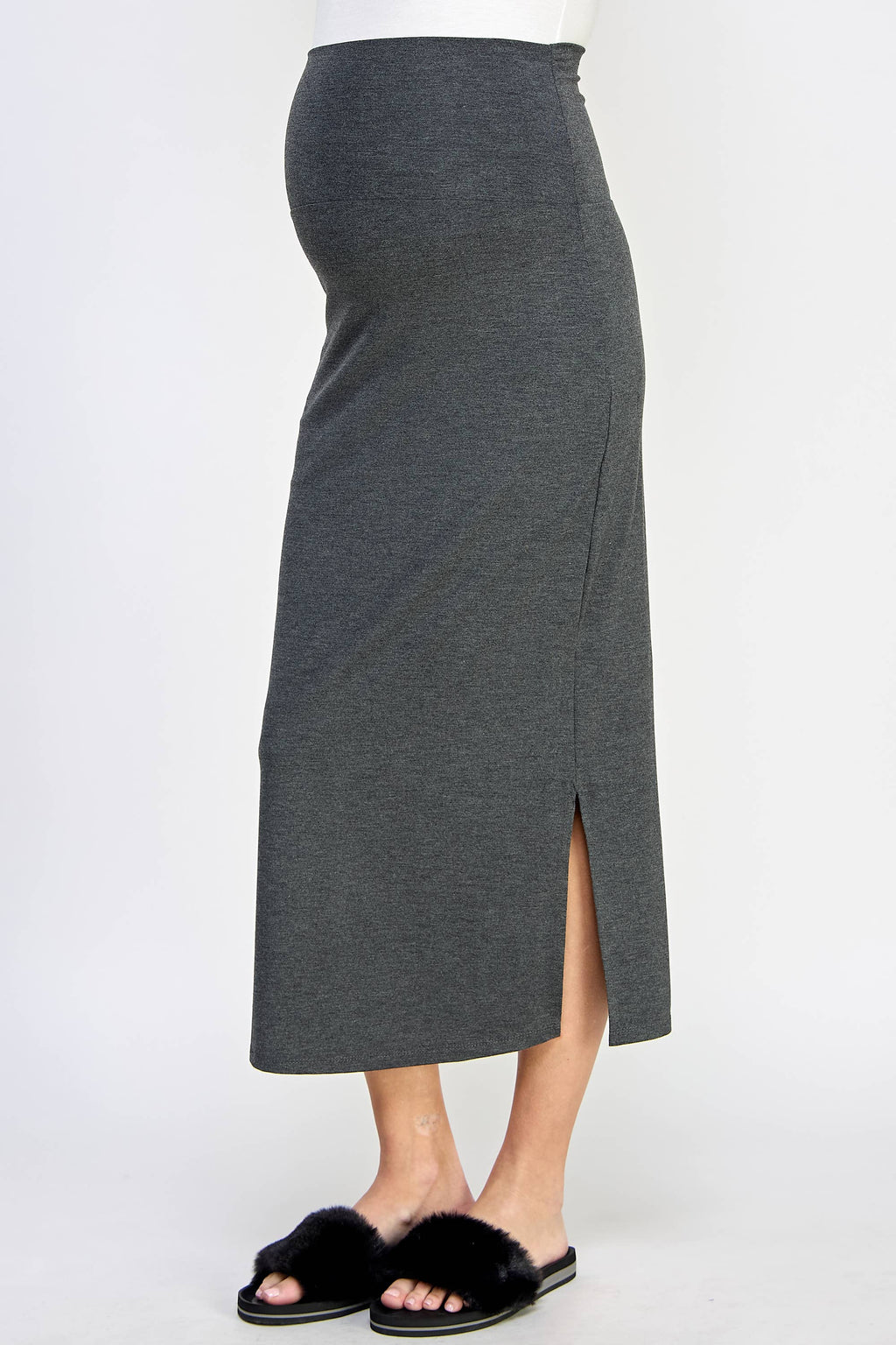 Heather Charcoal High-Waisted Maternity Midi Slit Skirt