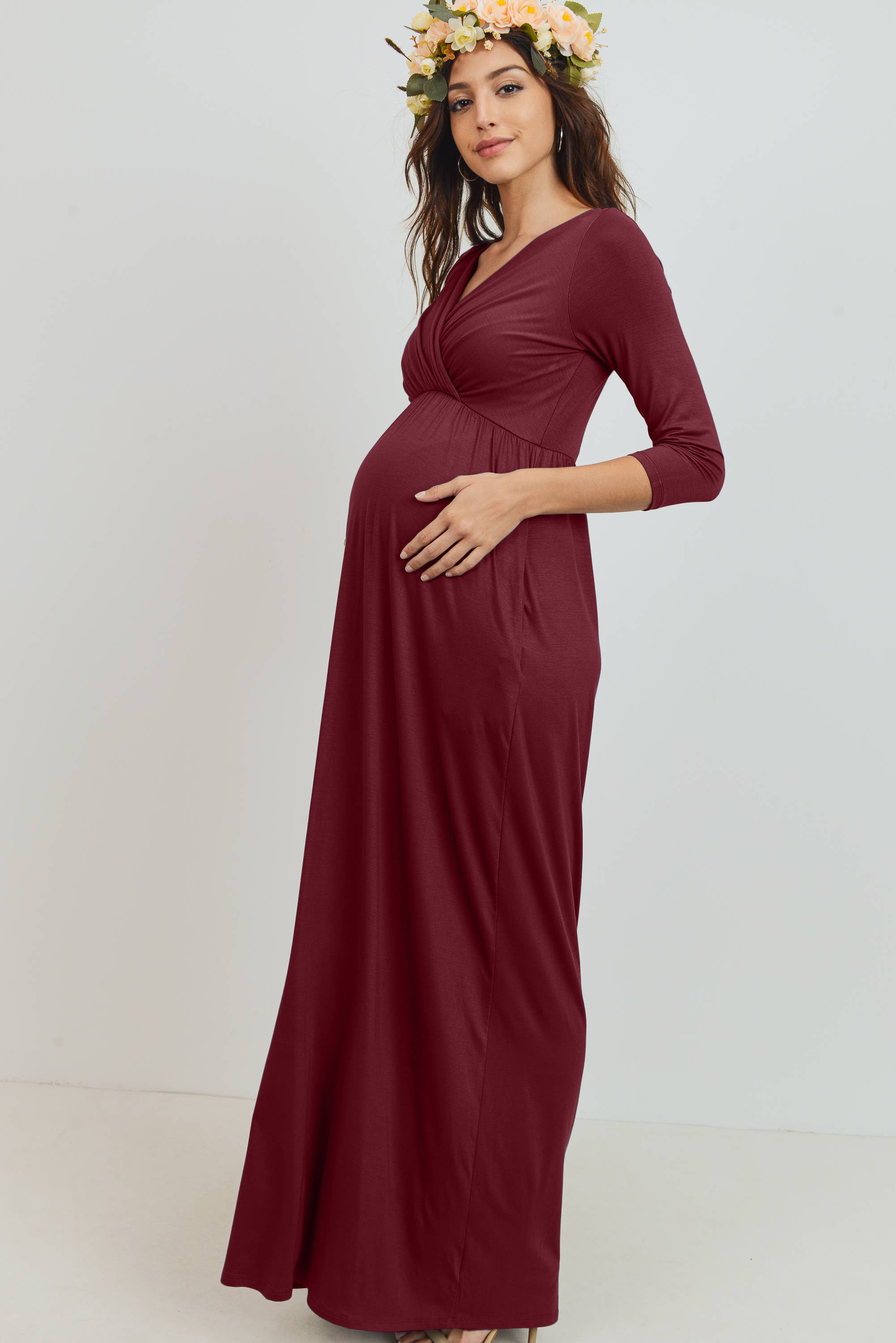 Burgundy Criss Cross  Quarter Sleeve Maternity to Nursing Maxi Dress
