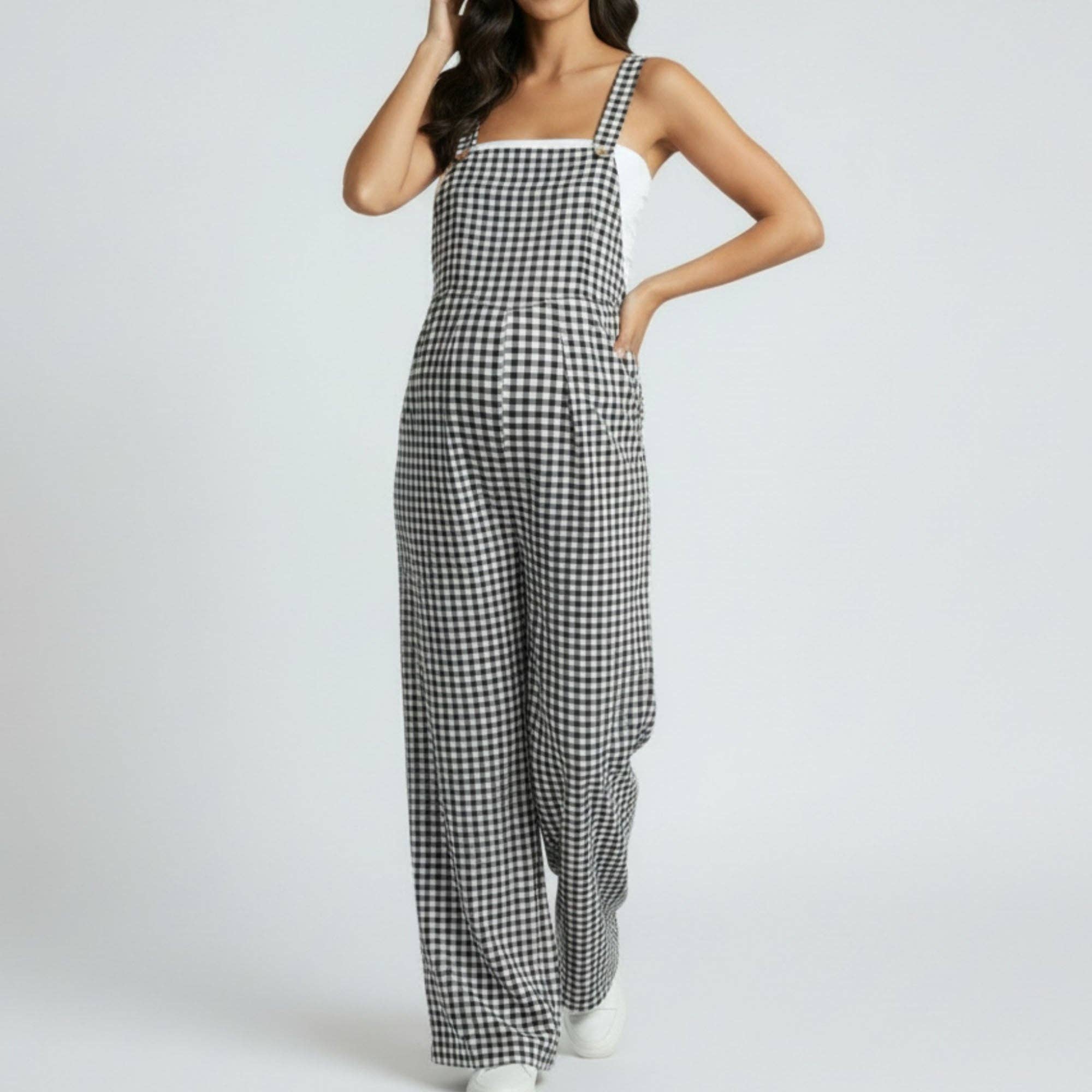Maternity Gingham Wide Leg Jumpsuit with Adjustable Strap Overalls