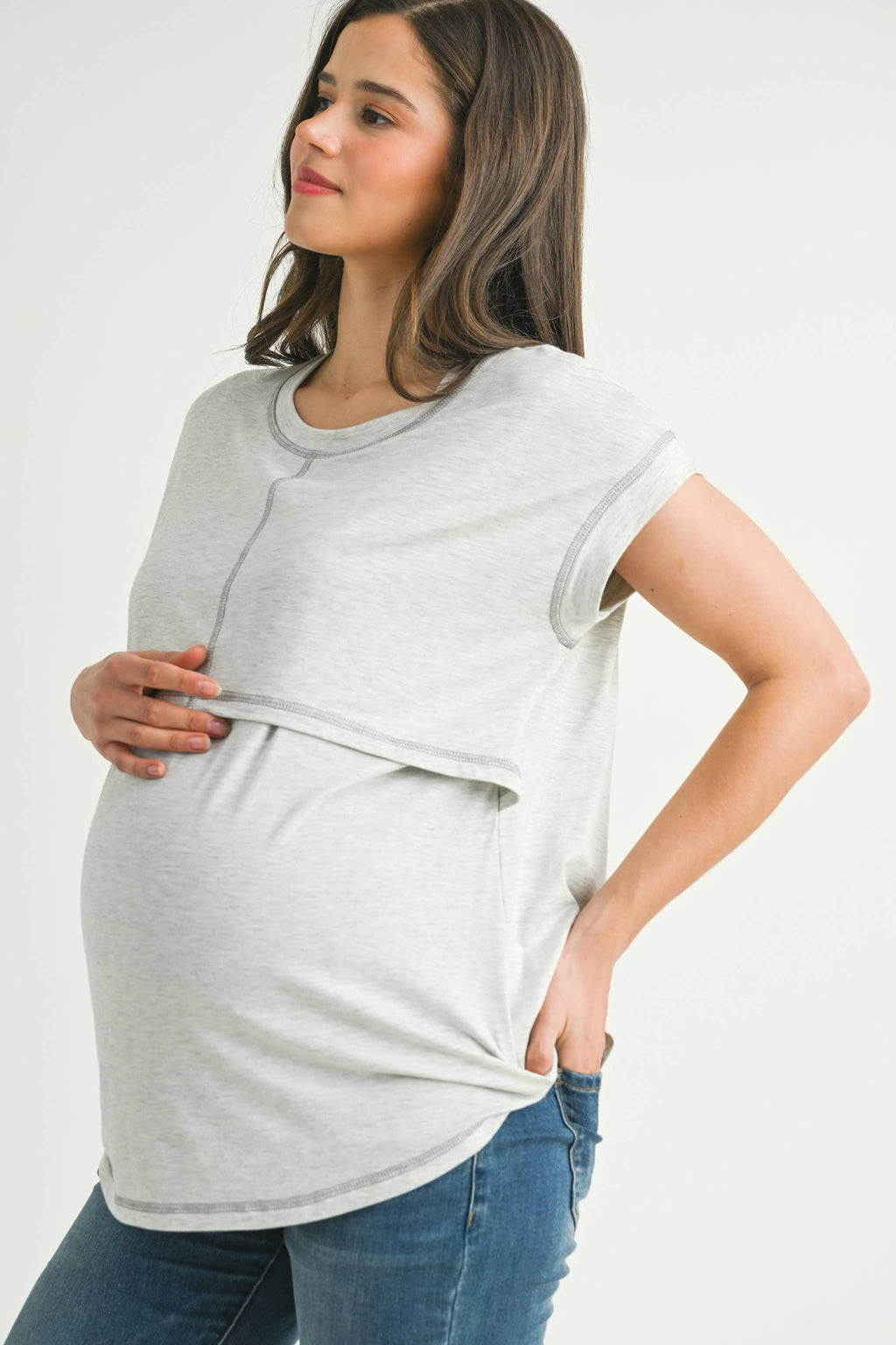 Oatmeal Double Layer Short Sleeve Maternity Nursing Top