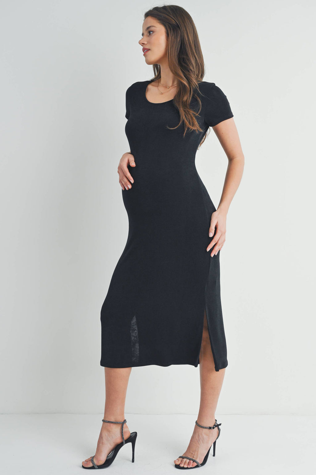 Black Round Neck Double Slit Maternity Midi Dress