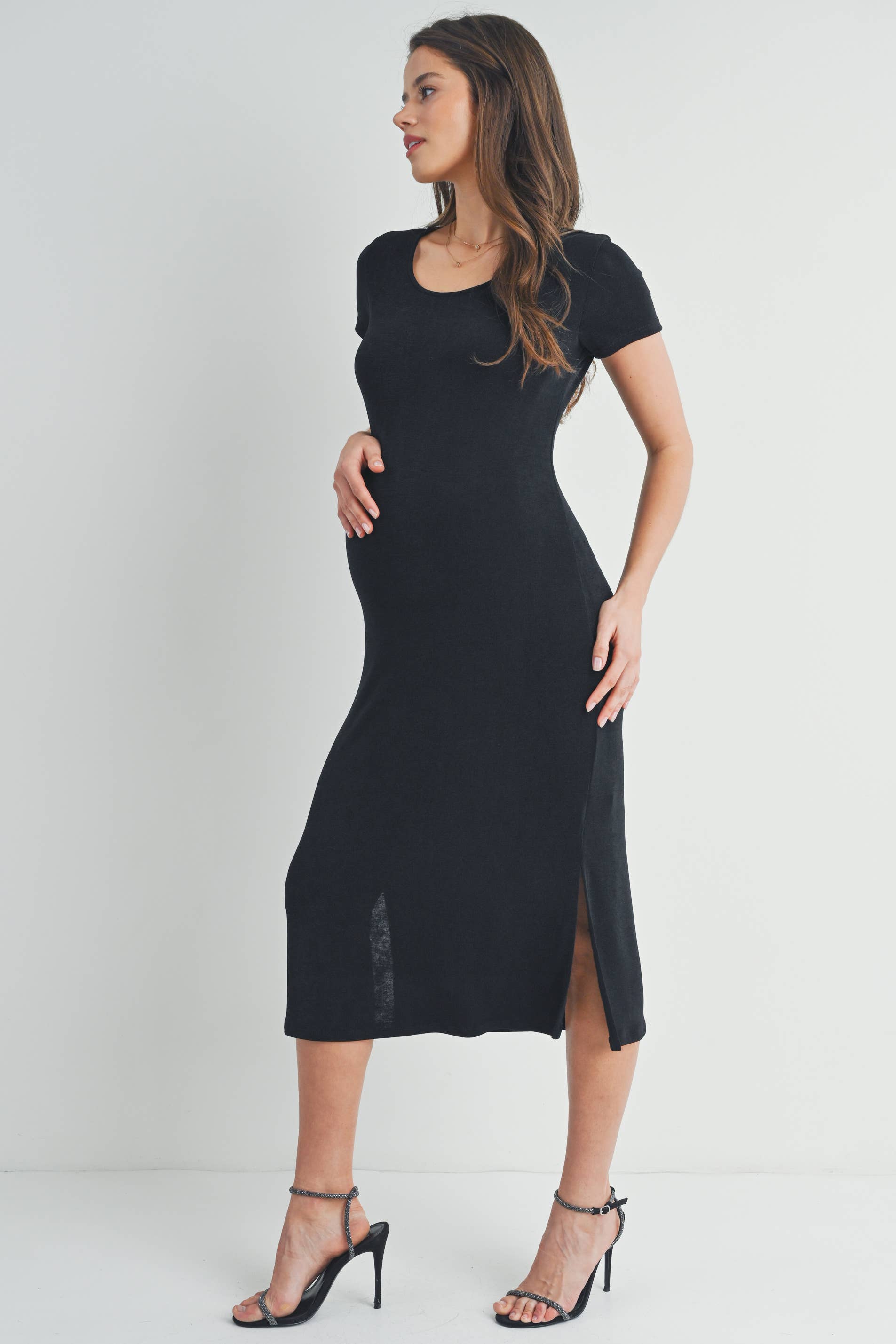 Black Round Neck Double Slit Maternity Midi Dress