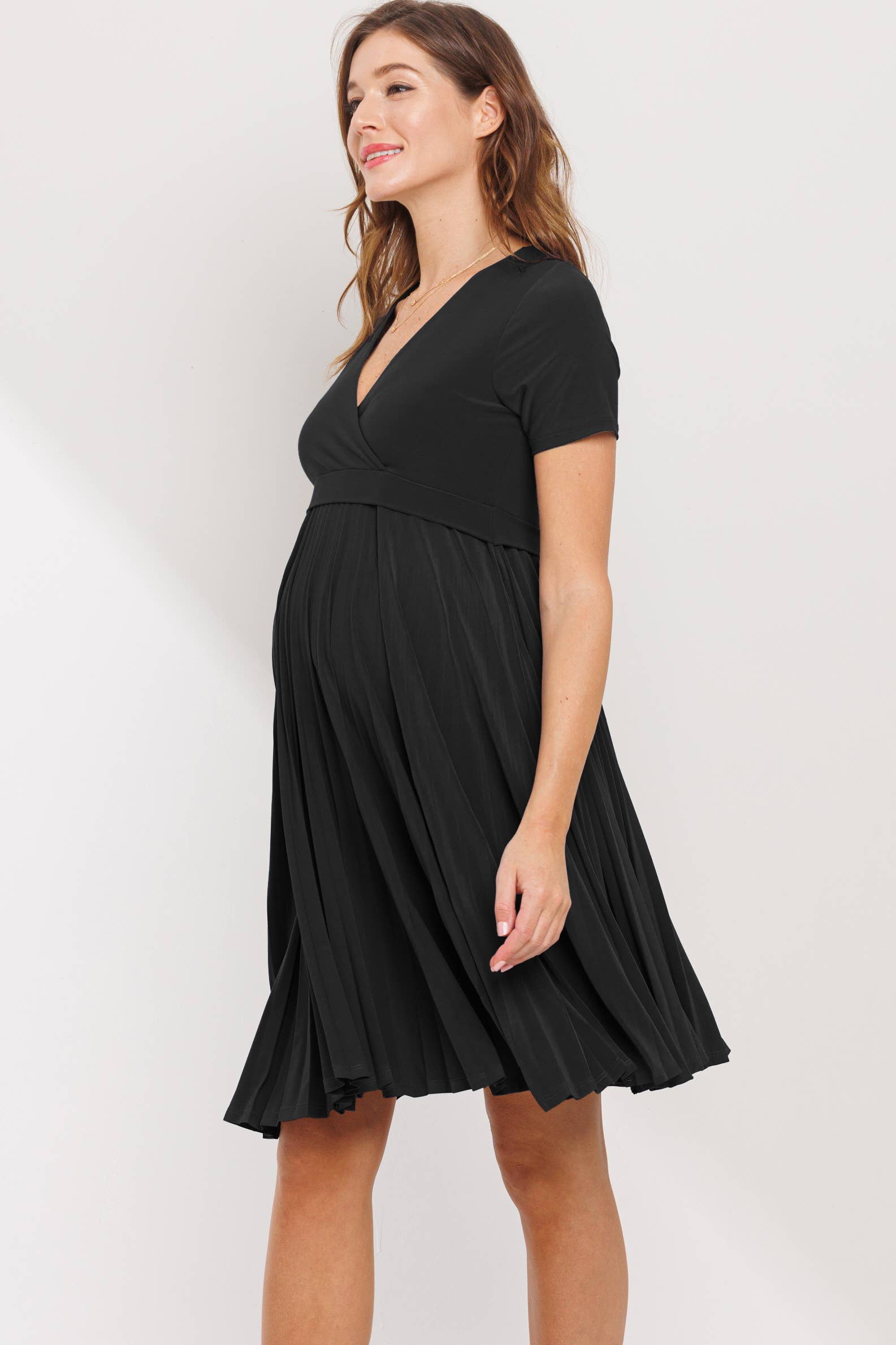 Black Short Sleeve Maternity Faux Wrap Nursing Dress
