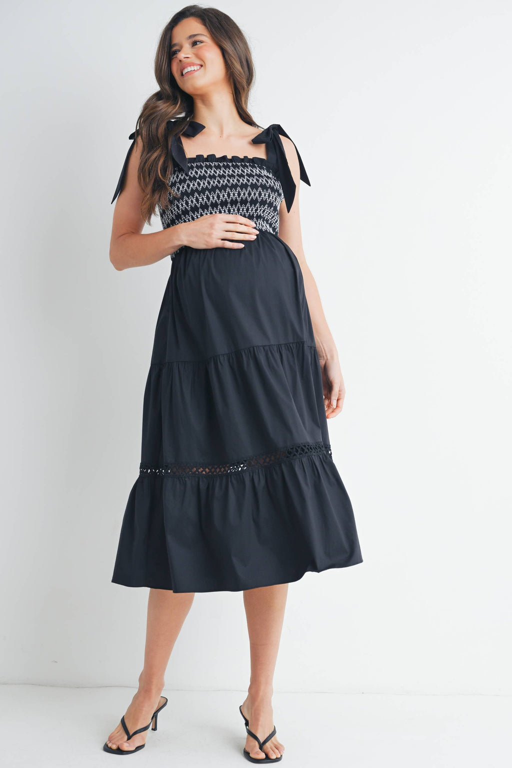 Black Smocked Tie-Strap Maternity Ruffle Midi Dress