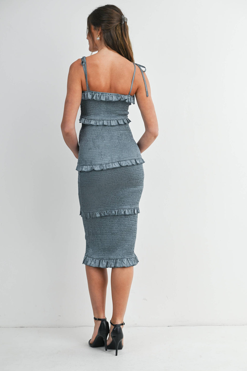 Smocked Ruffle Trim Maternity Midi Dress with Tie Straps