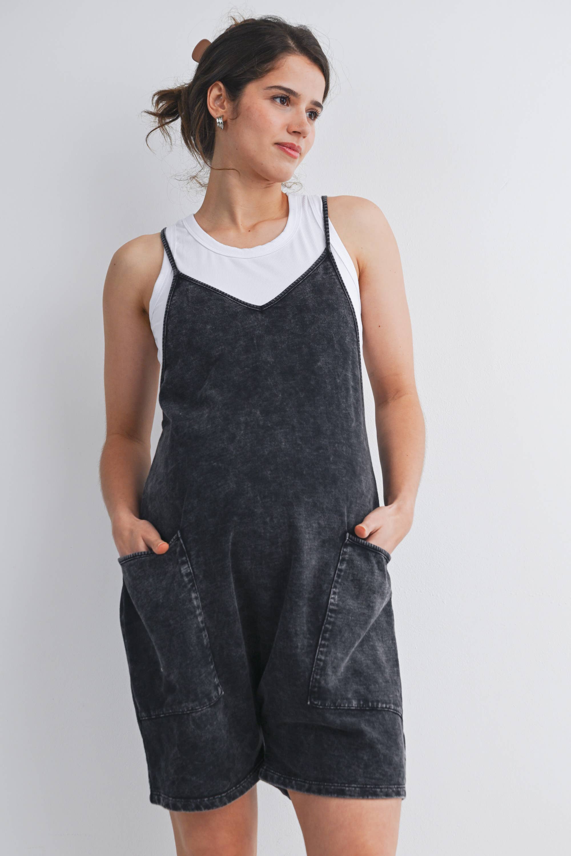 Washed Black Maternity Romper with Adjustable Strap