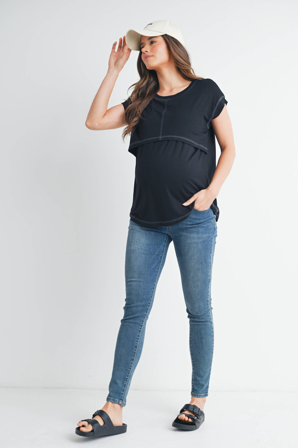 Black Double Layer Short Sleeve Maternity Nursing Top