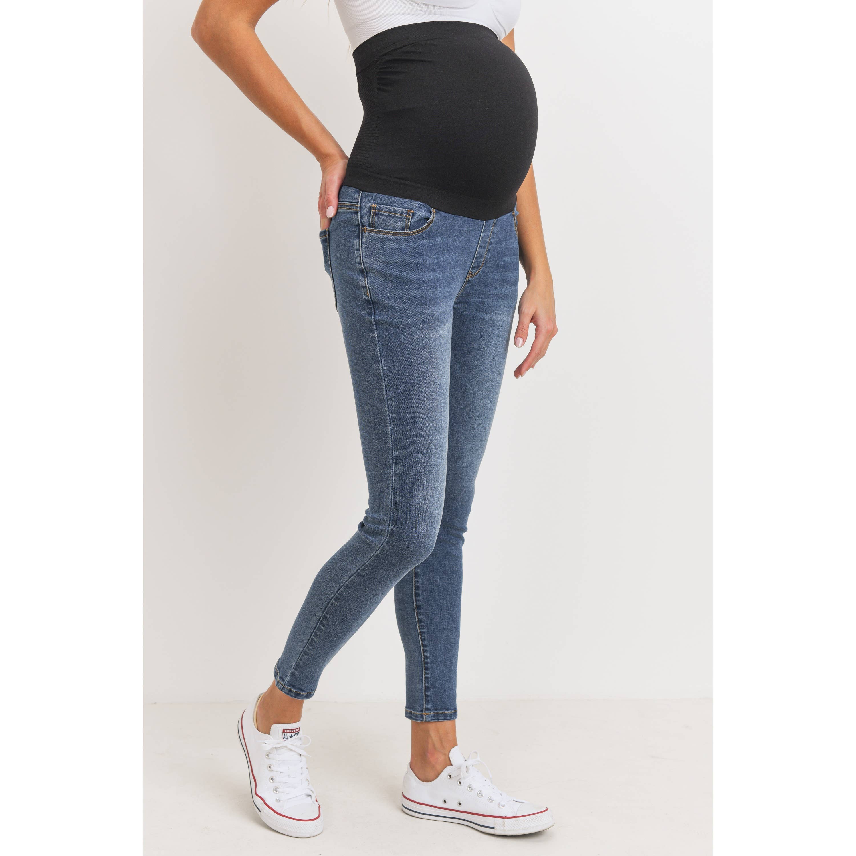 Medium Wash Stretchy Maternity Skinny Jeans With Full Panel