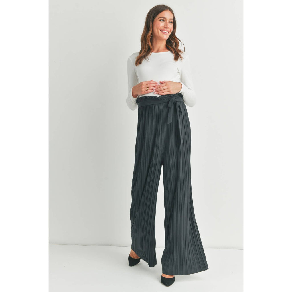 Grey Pleated Maternity Wide Leg Pants with Belt Tie