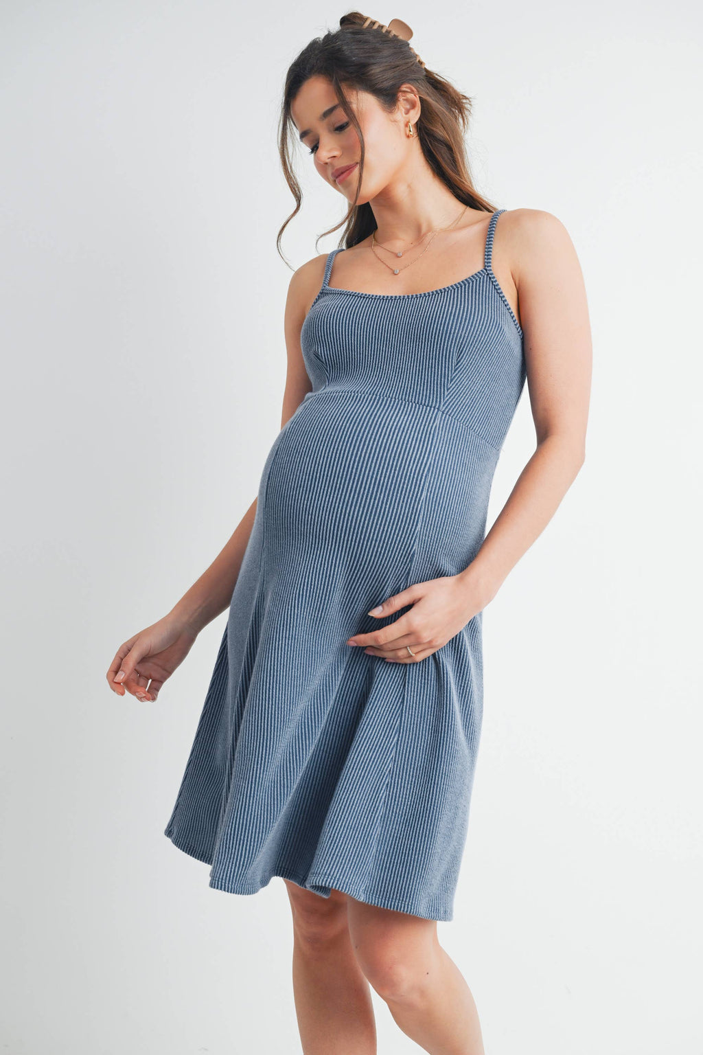 Denim Blue Ribbed Sleeveless Maternity Skater Dress