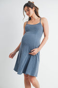 Denim Blue Ribbed Sleeveless Maternity Skater Dress