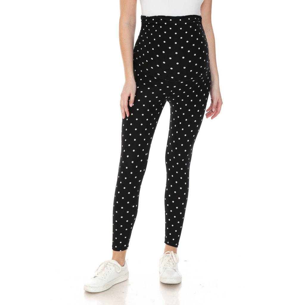 Black Polka Dot Buttery Soft Full Length Ruched Maternity Leggings