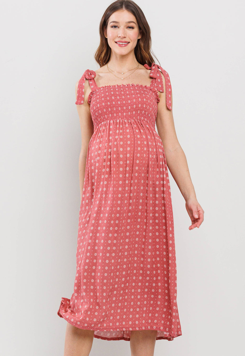 Marsala Floral Smocked Maternity Tie-Strap Midi Dress