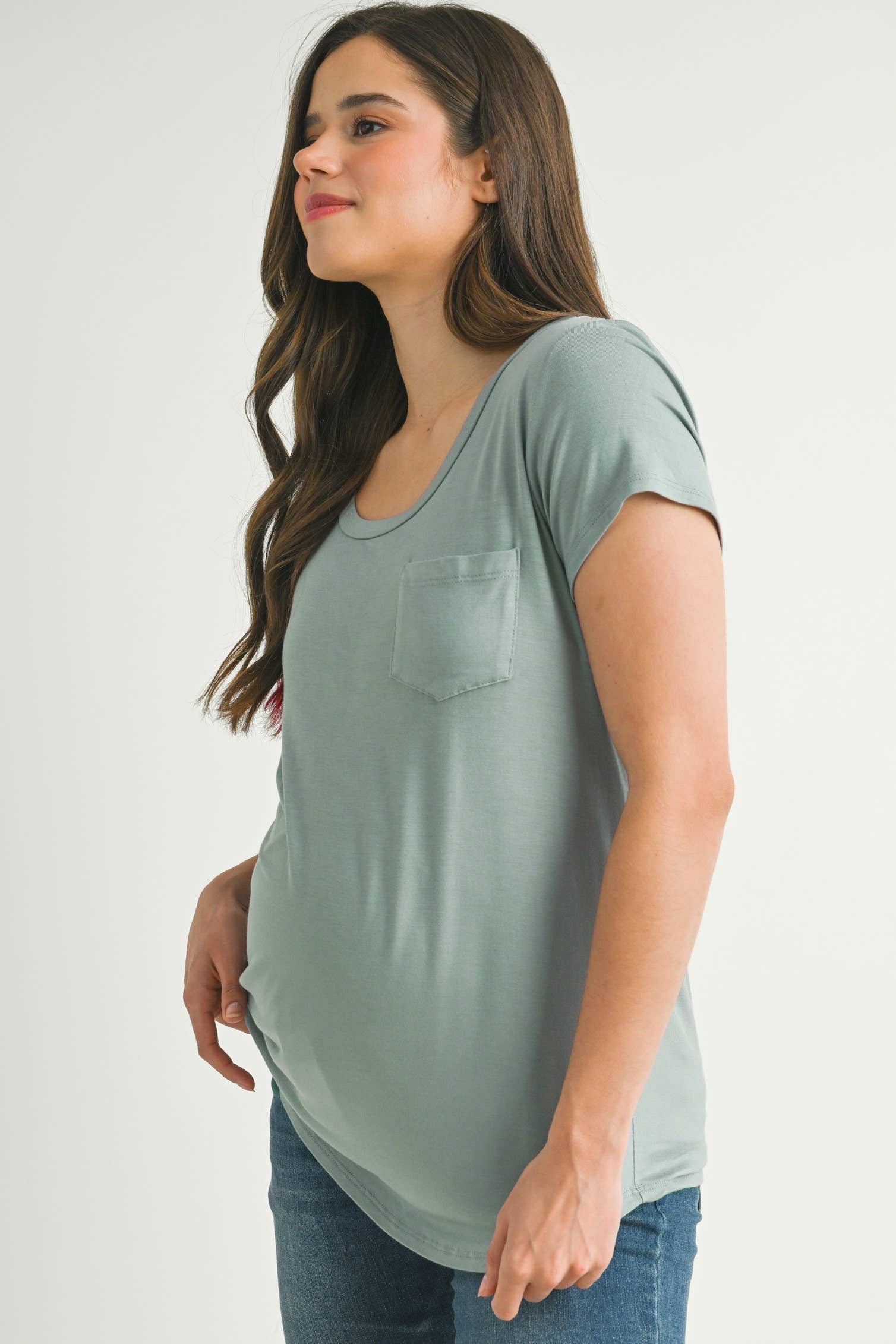 Sage Round Neck Maternity to Nursing Pocket T-Shirt