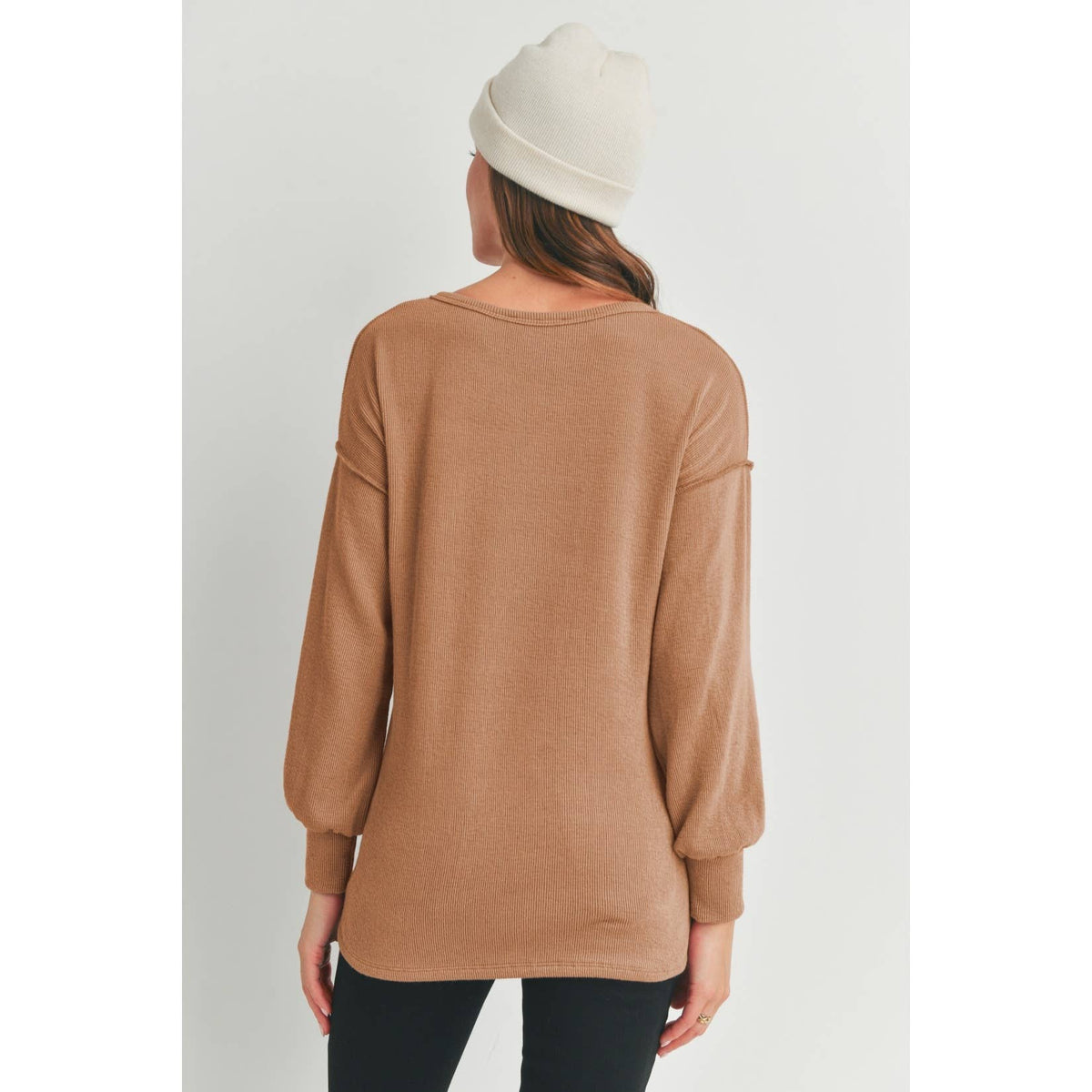 Brown Split Neck Long Sleeve Maternity Lightweight Knit Sweatshirt