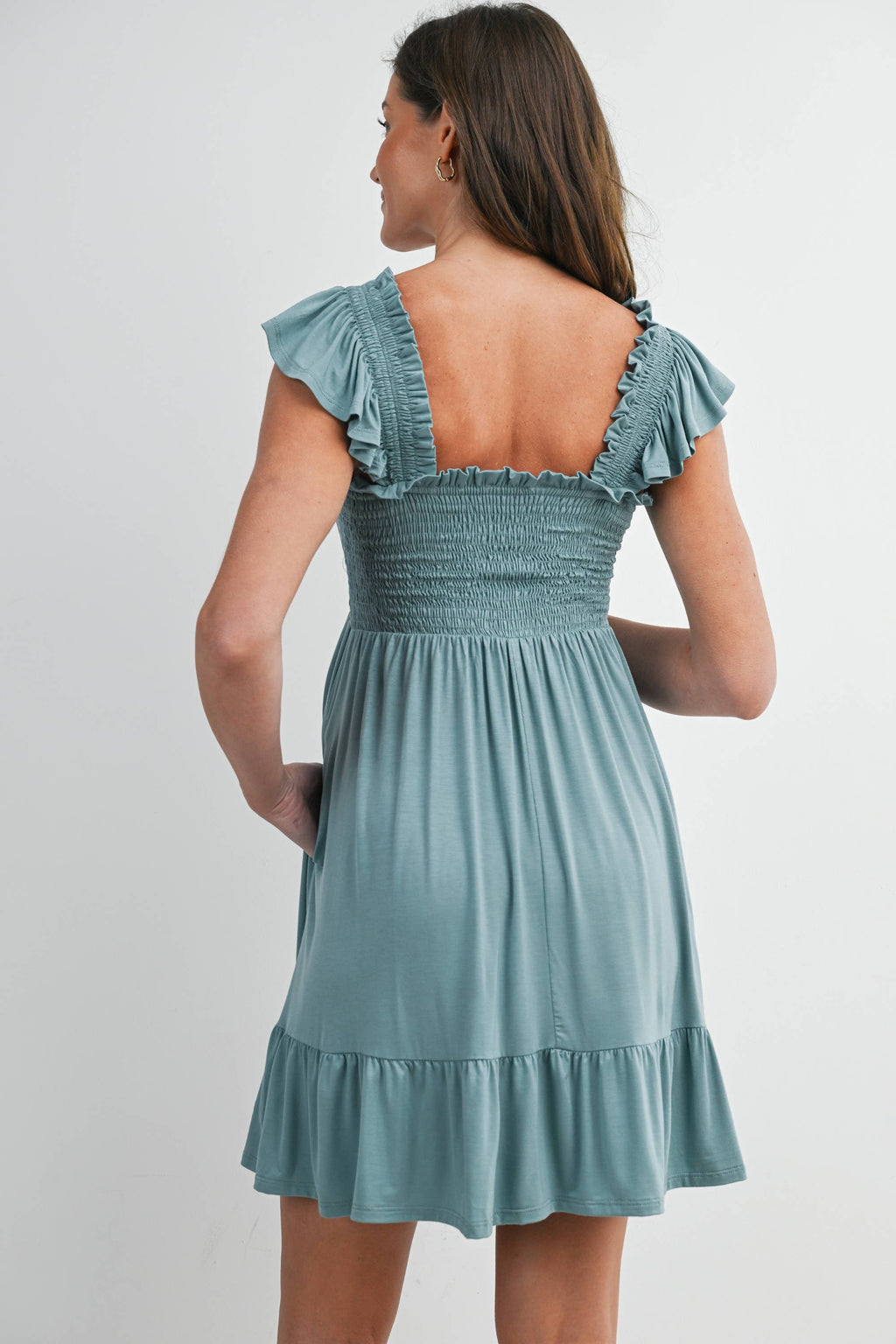 Sage Smocked Tiered Maternity Mini Dress with Flutter Sleeves