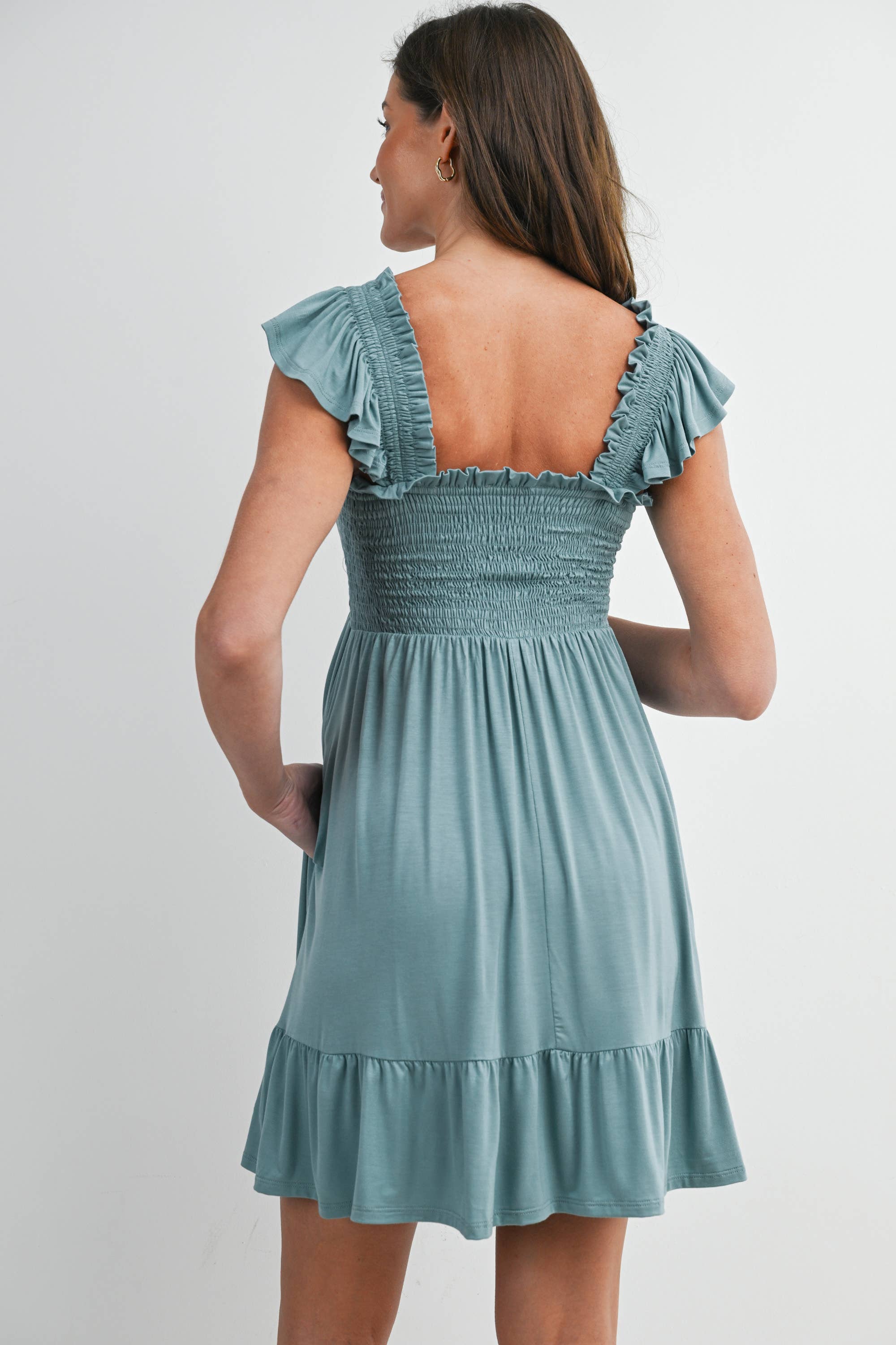 Sage Smocked Tiered Maternity Mini Dress with Flutter Sleeves