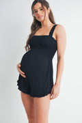 Black Smocked Ruffle Hem Maternity Sleeveless Romper