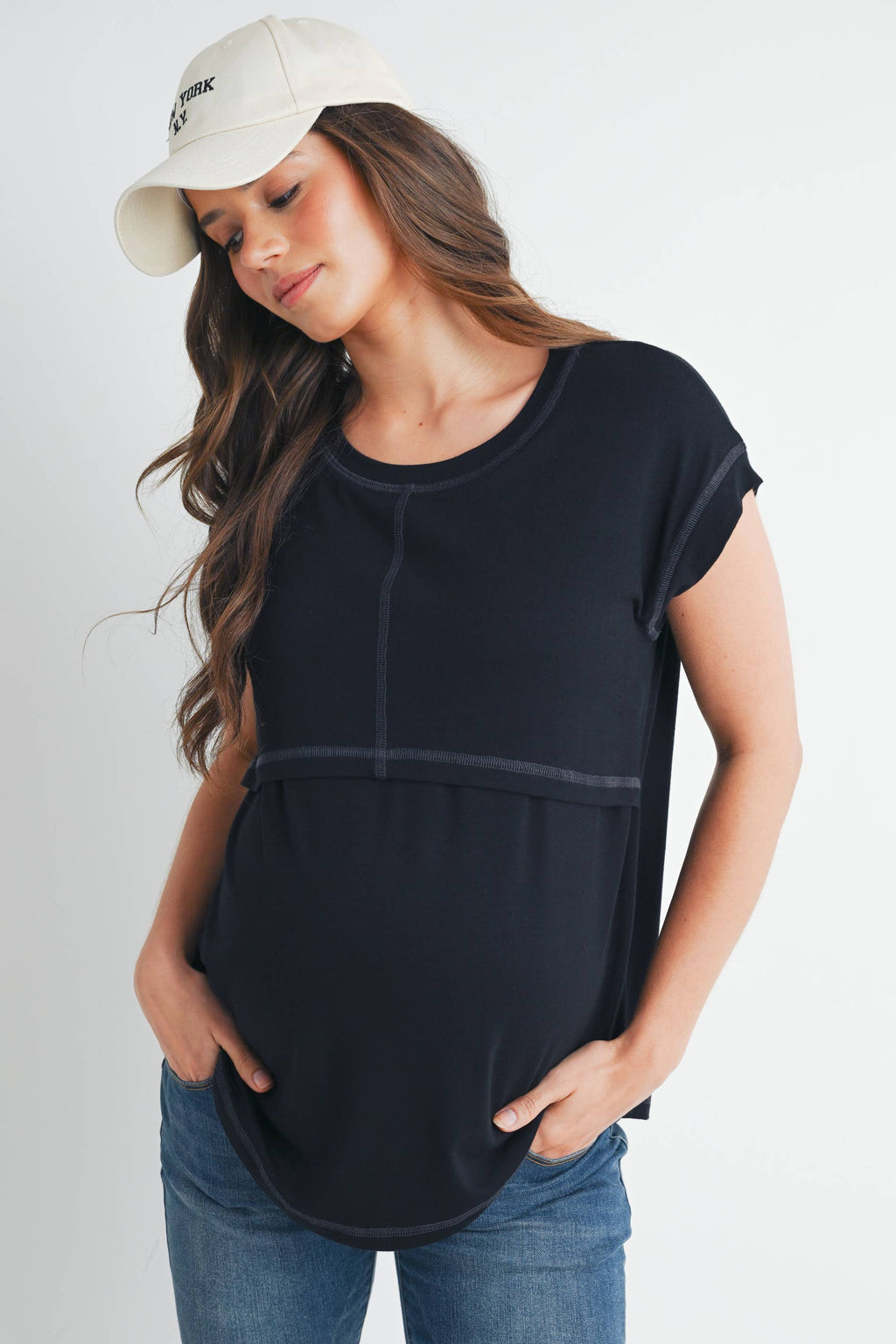 Black Double Layer Short Sleeve Maternity Nursing Top