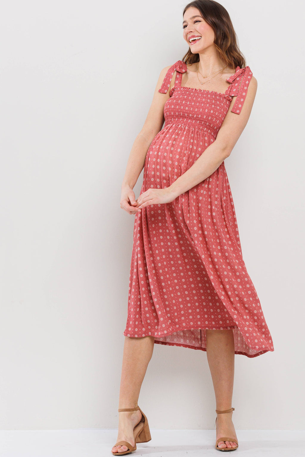 Marsala Floral Smocked Maternity Tie-Strap Midi Dress