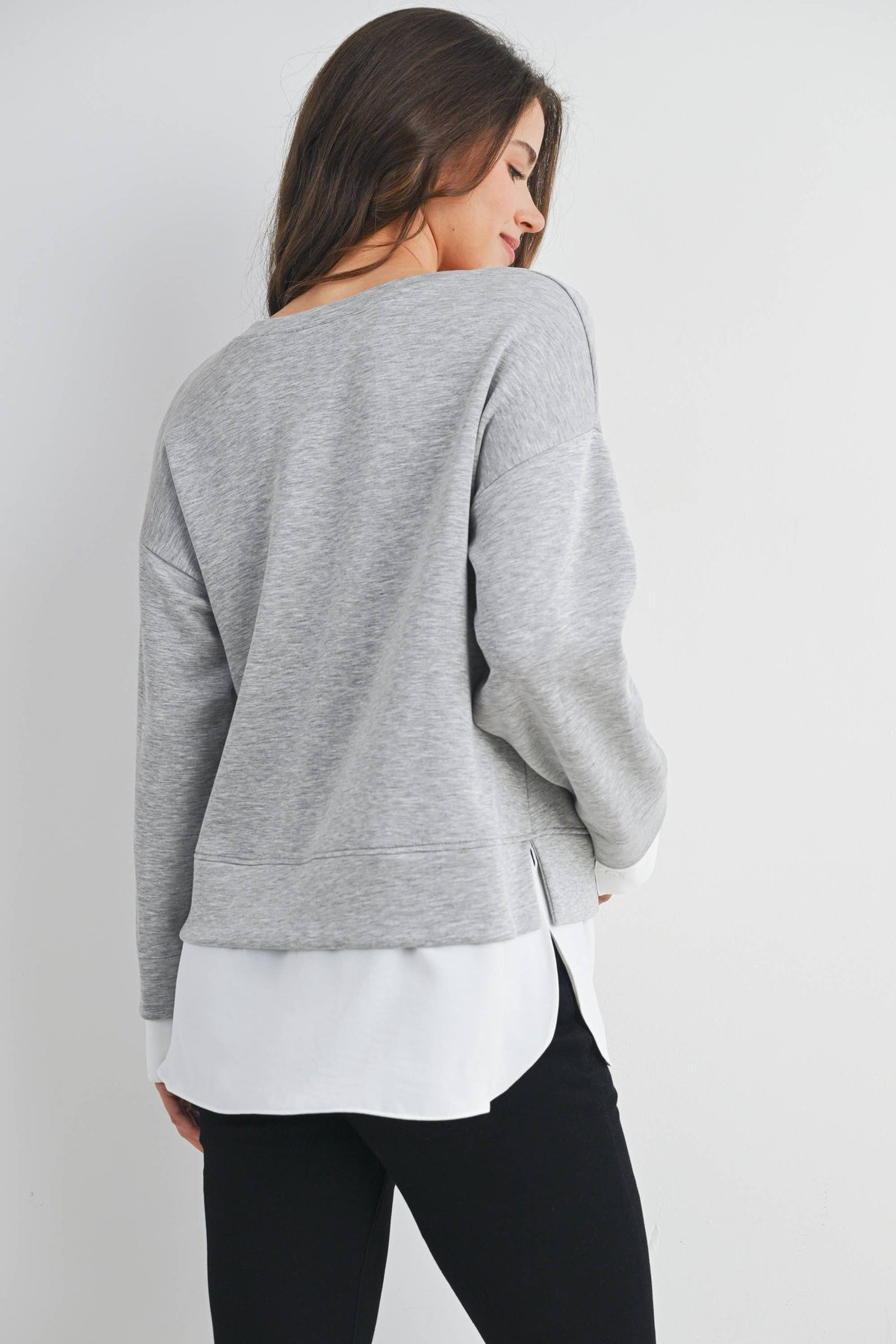 Grey/White Long Sleeve Maternity Twofer Pullover Top