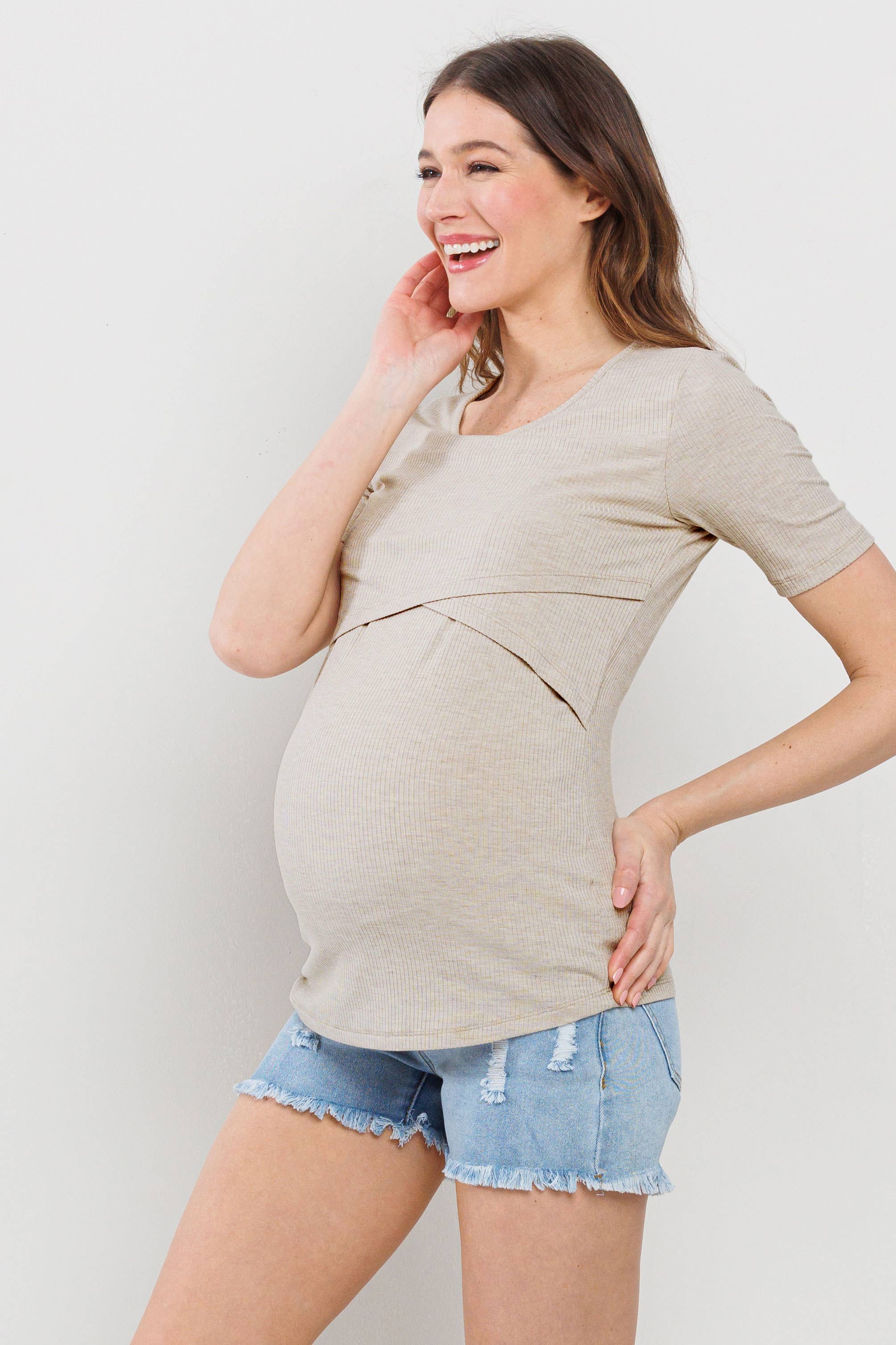 Oatmeal Double Layer Front Maternity to Nursing Tee
