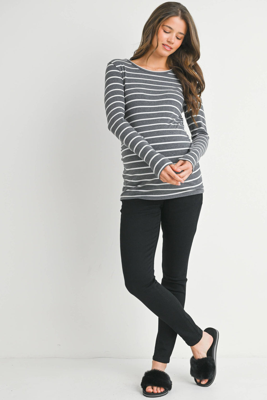 Charcoal/White Striped Ribbed Long Sleeve Top