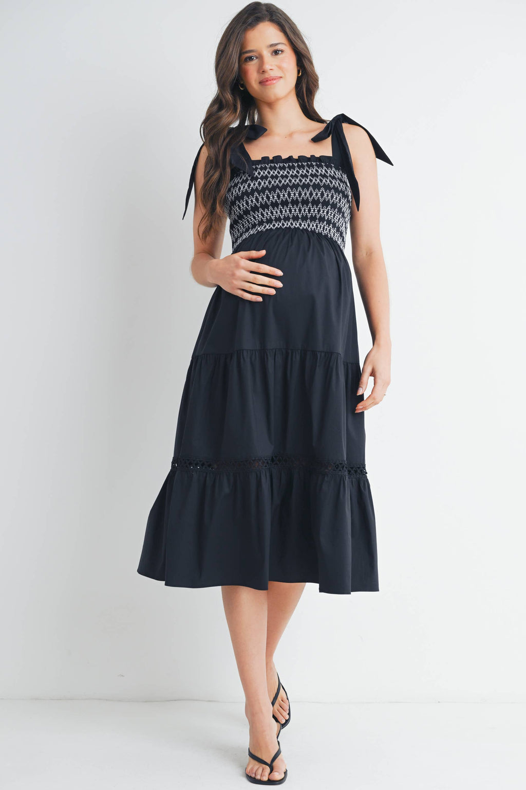 Black Smocked Tie-Strap Maternity Ruffle Midi Dress