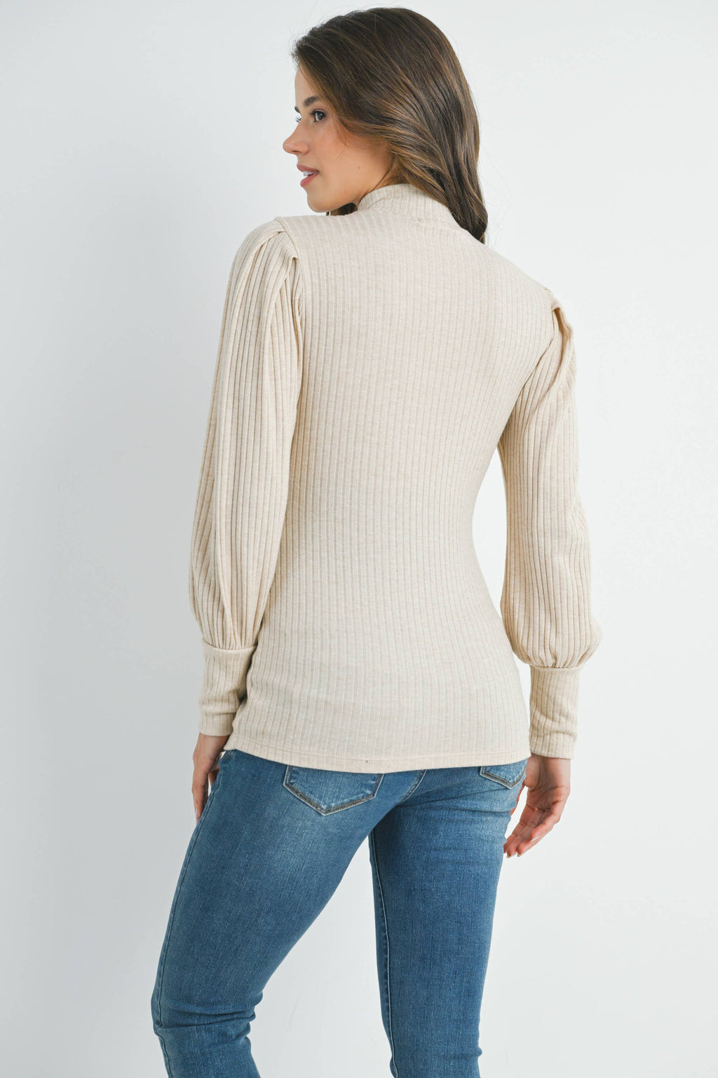 Oatmeal Ribbed Mock Neck Puff Sleeve Maternity Top