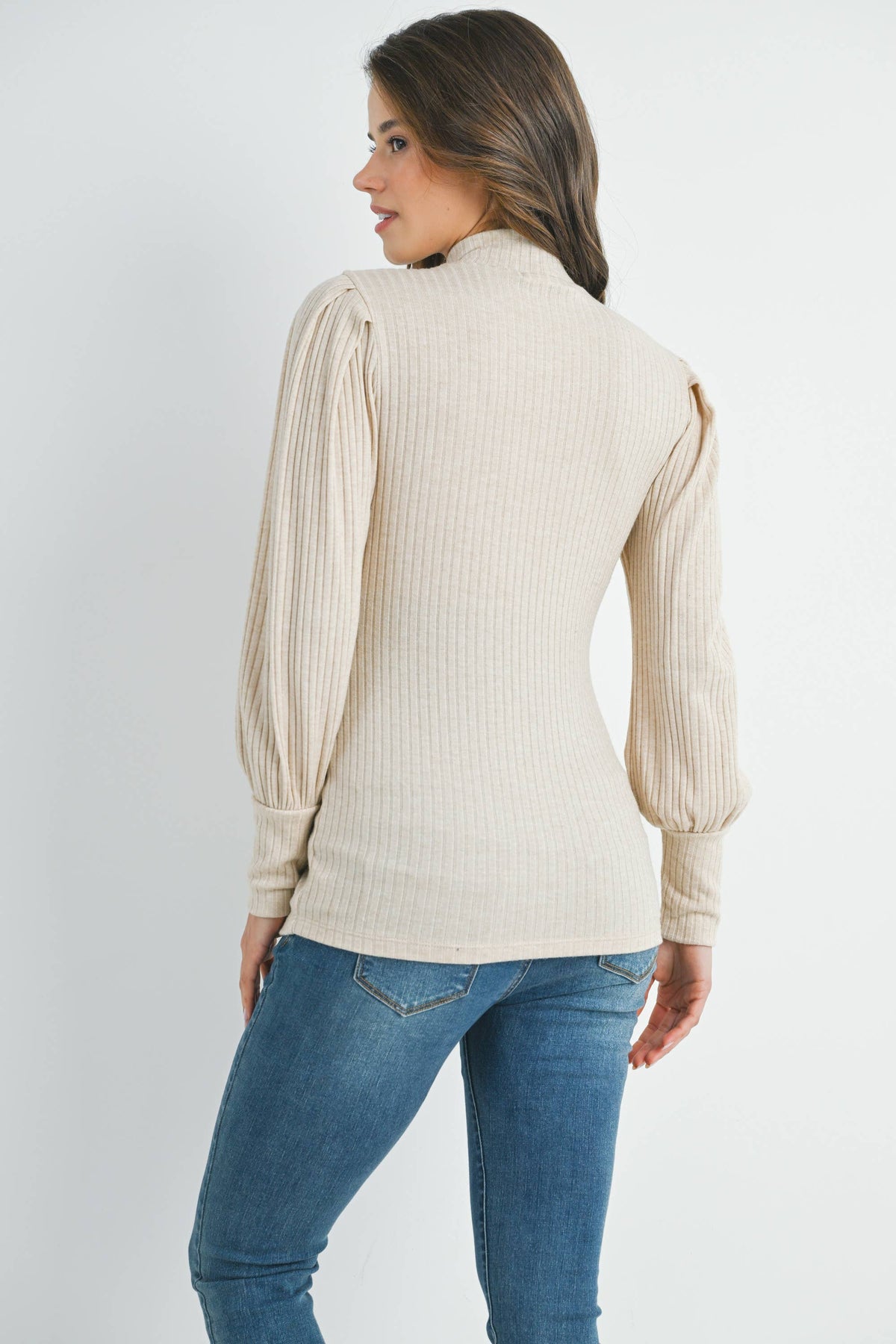 Oatmeal Ribbed Mock Neck Puff Sleeve Maternity Top