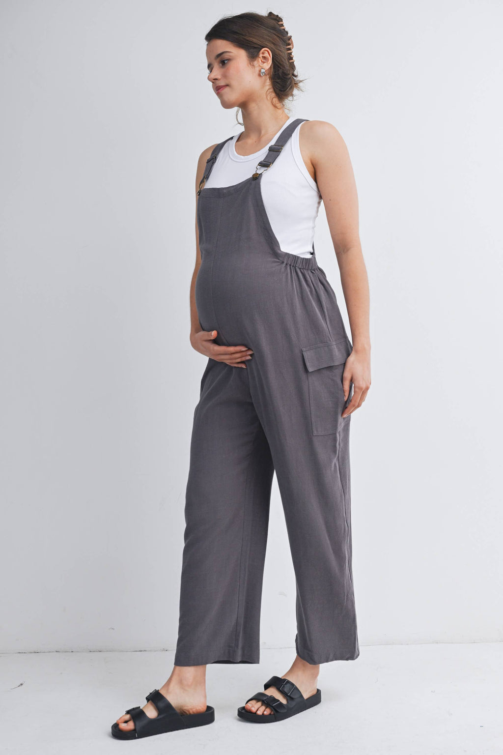 Straight Leg Maternity Adjustable Overalls  Grey