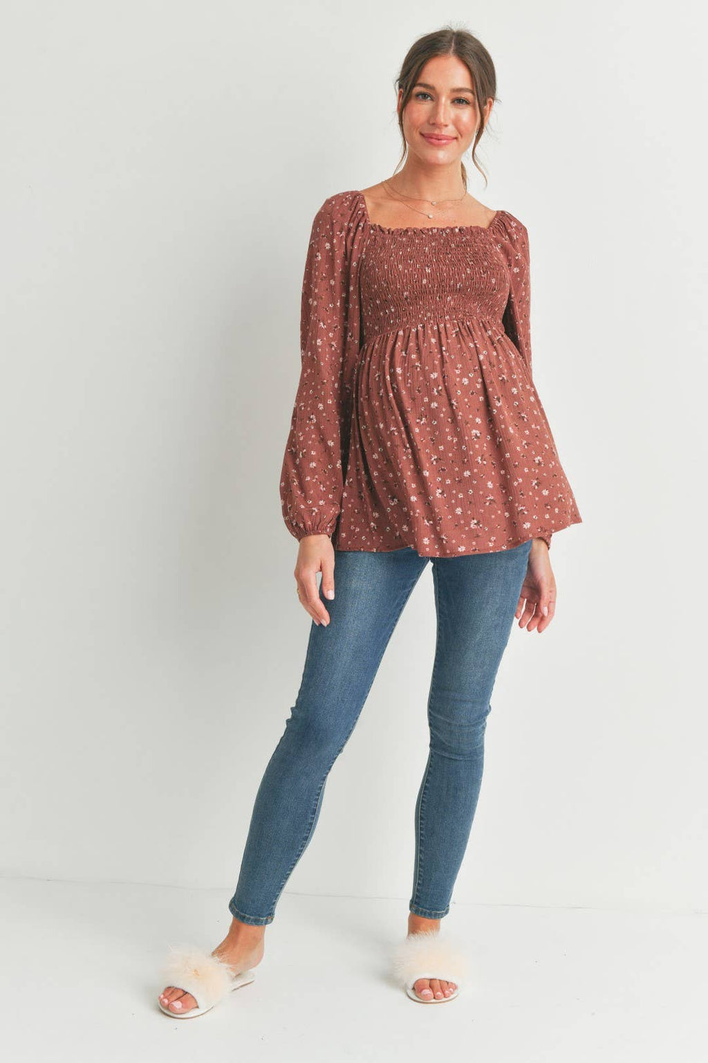 Brown Floral Print Smocked Maternity Blouse