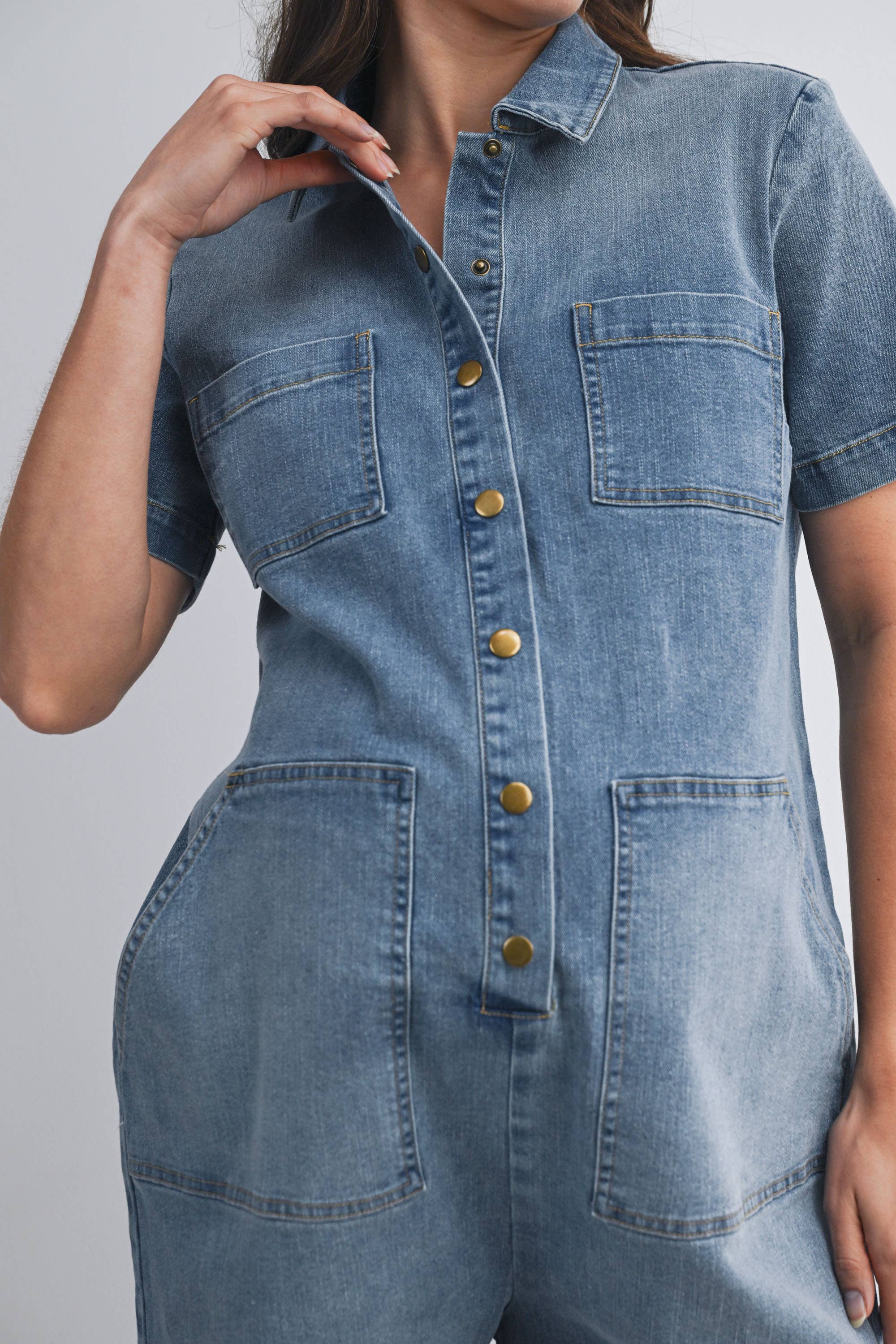 Button Front Denim Romper with Collar