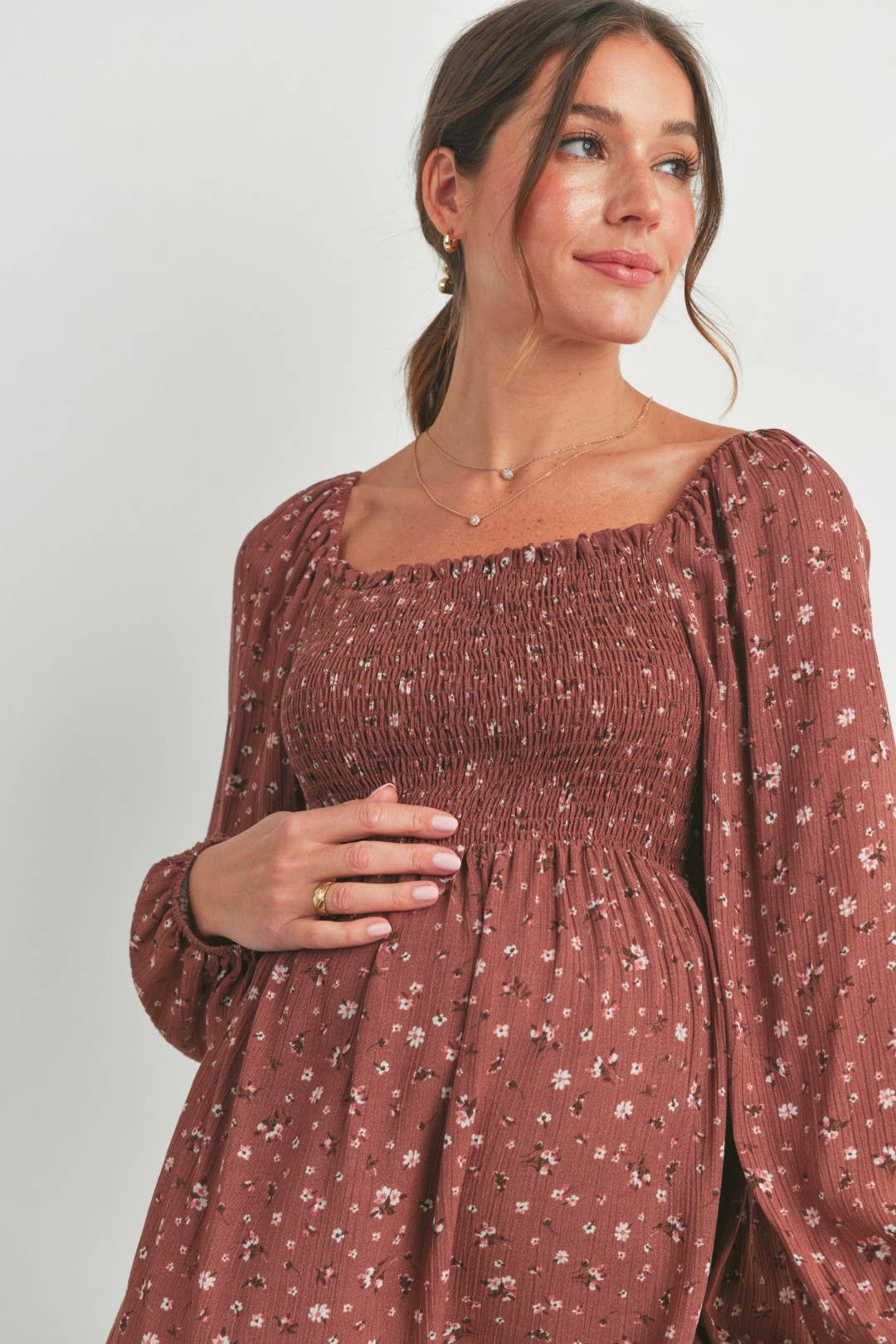 Brown Floral Print Smocked Maternity Blouse