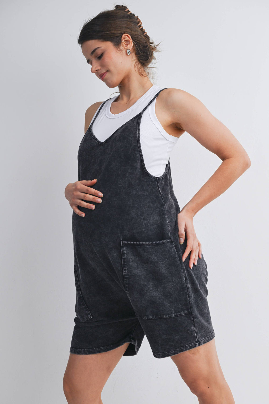 Washed Black Maternity Romper with Adjustable Strap