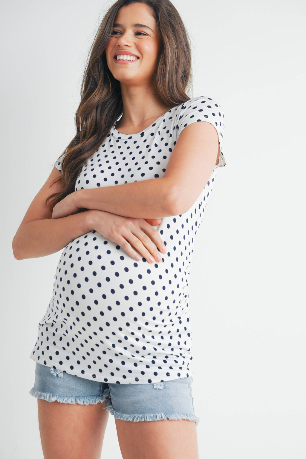 Ivory with Blue Polka Dots Polka Dot Short Sleeve Maternity T-Shirt