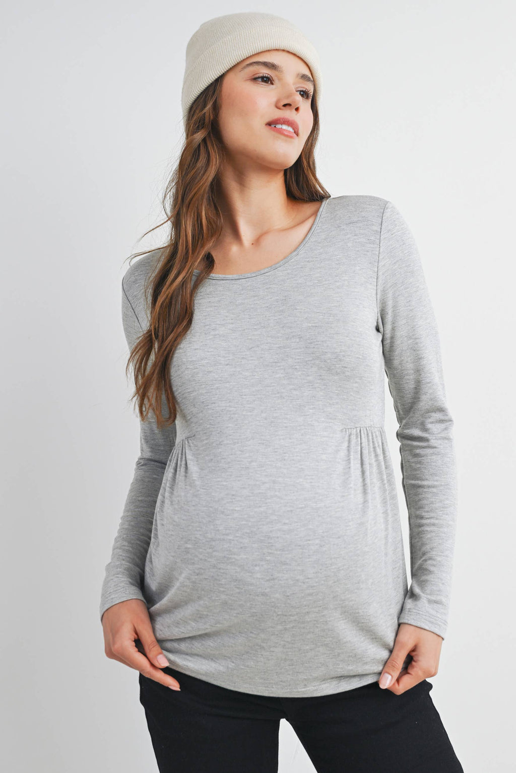 Heather Grey French Terry Long Sleeve Scoop Neck Maternity Top