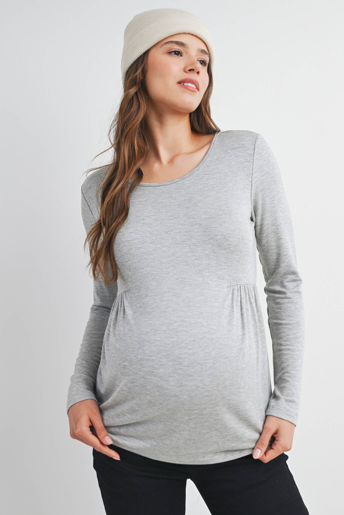 Heather Grey French Terry Long Sleeve Scoop Neck Maternity Top