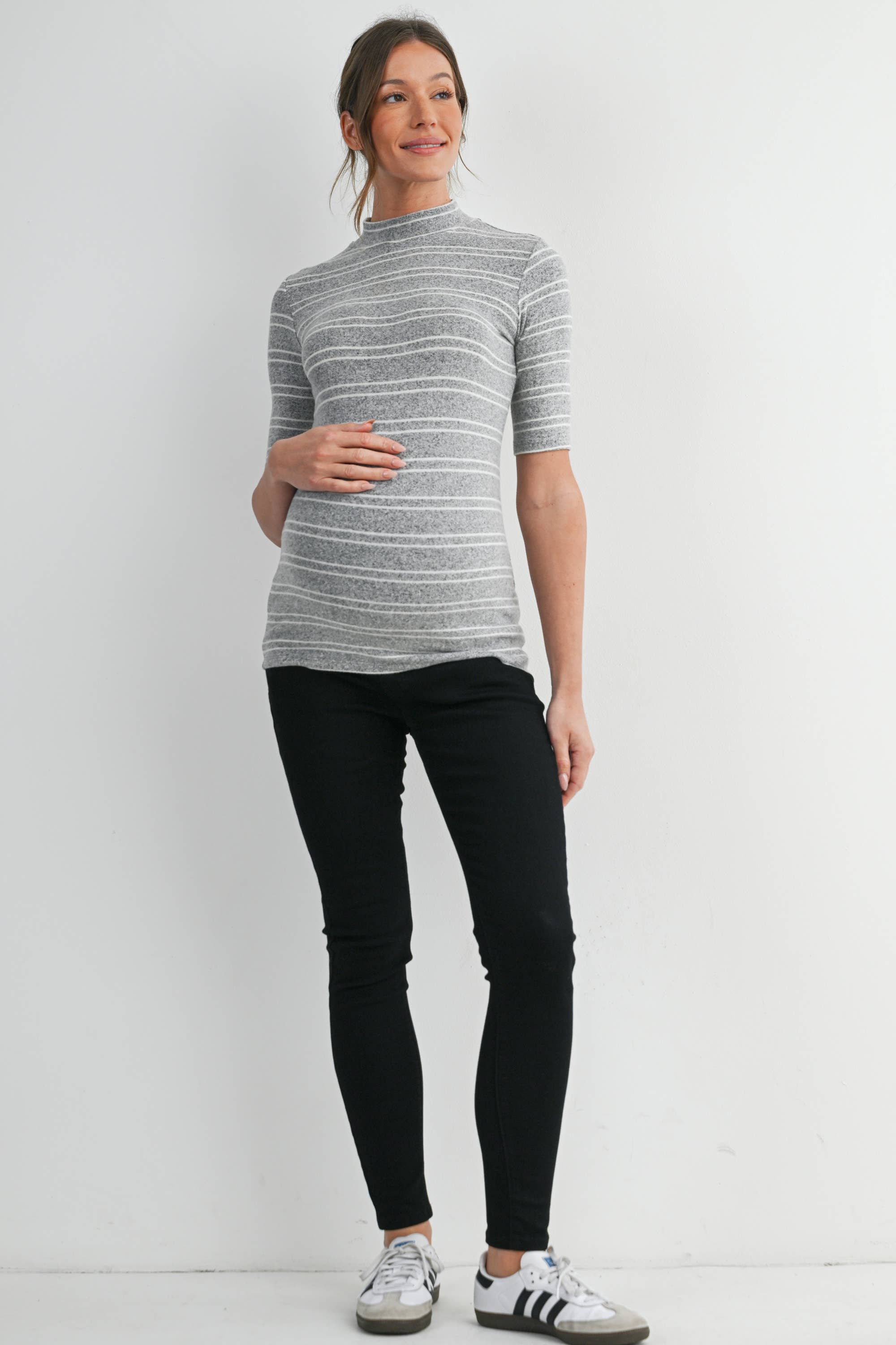 Grey & White Soft Knit Striped Mock Neck Top
