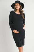 Black Ribbed Lettuce Edge Long Sleeve Maternity Dress