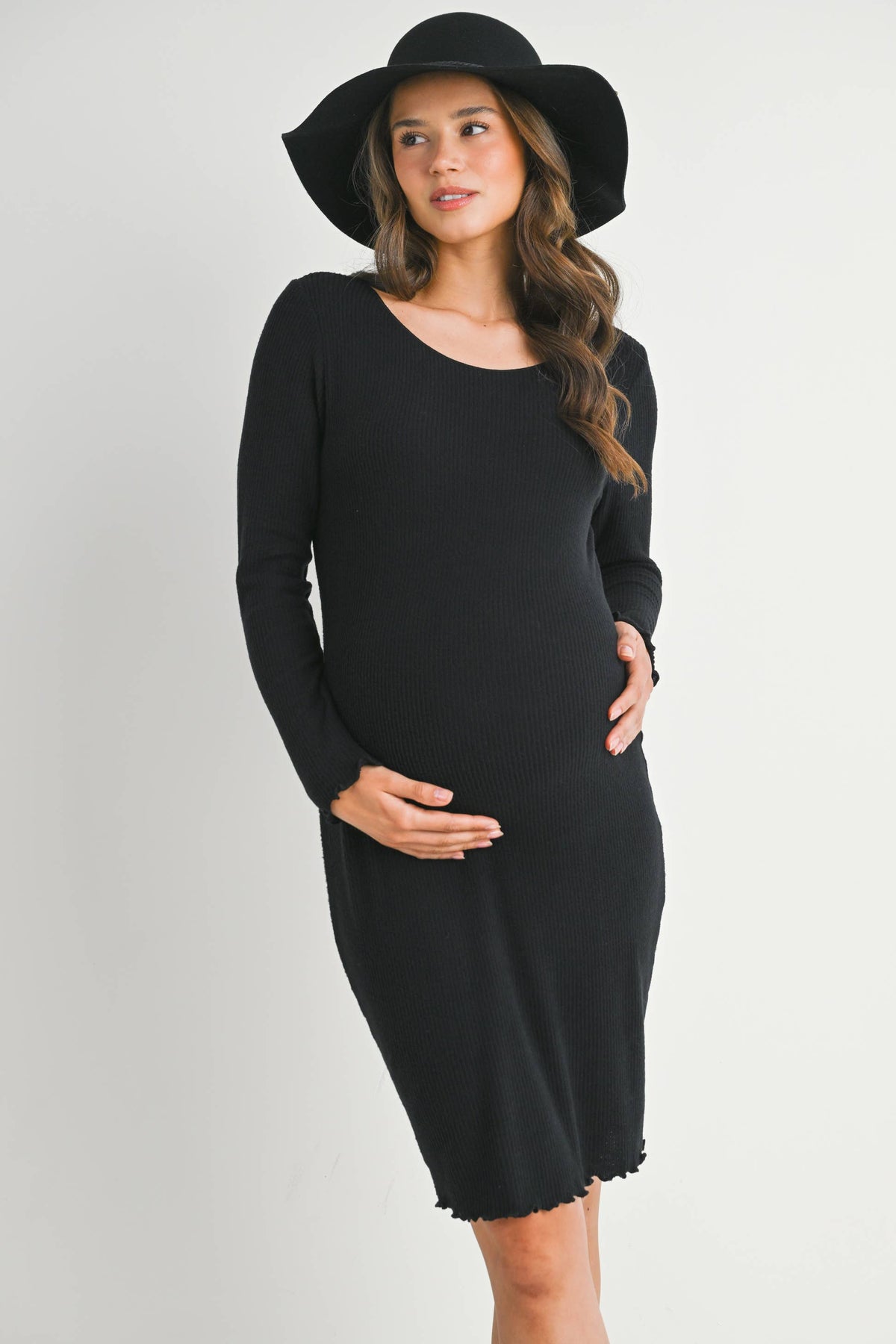 Black Ribbed Lettuce Edge Long Sleeve Maternity Dress