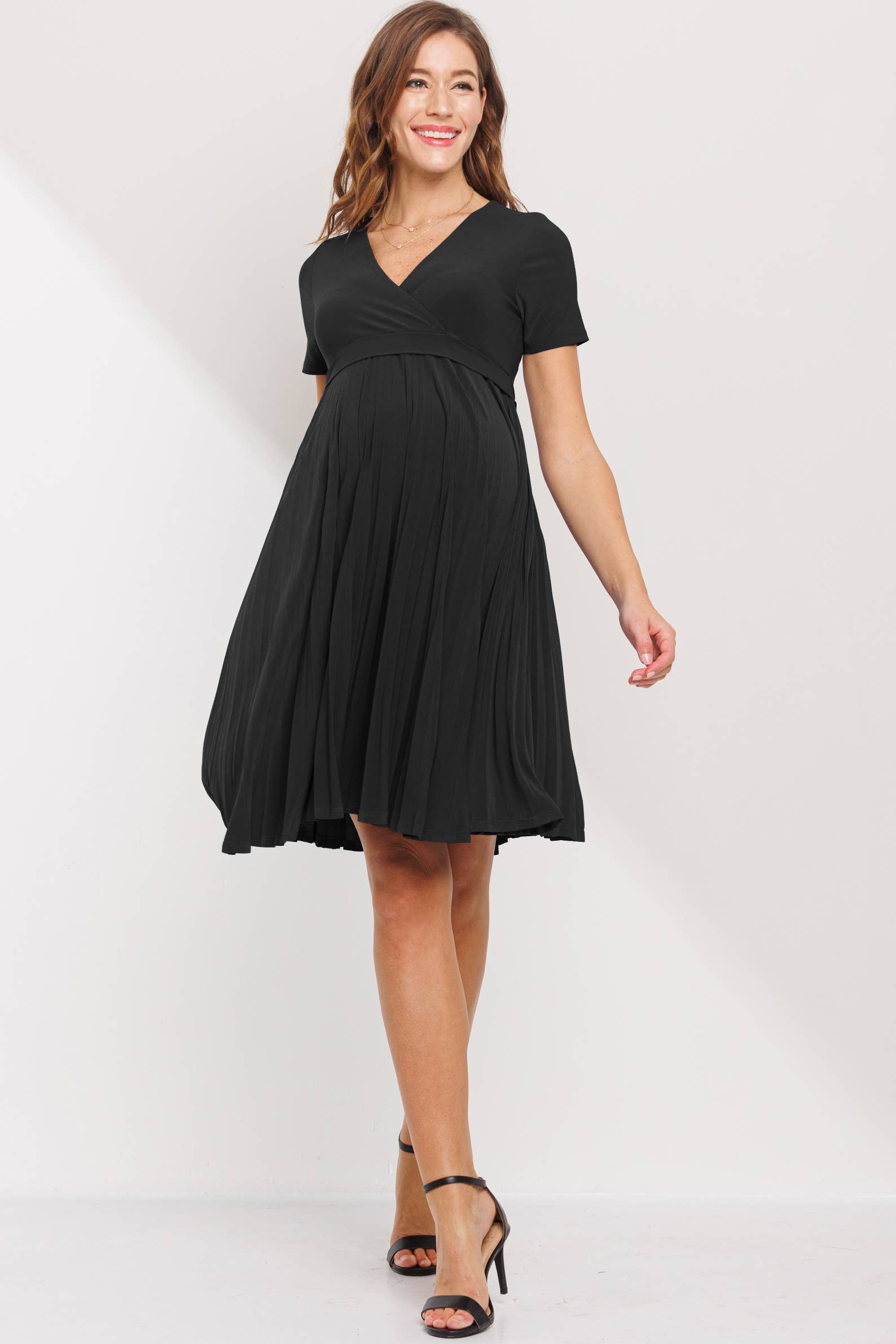 Black Short Sleeve Maternity Faux Wrap Nursing Dress