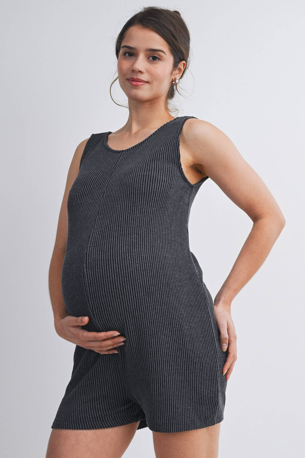 Charcoal Sleeveless Ribbed Knit Maternity Romper