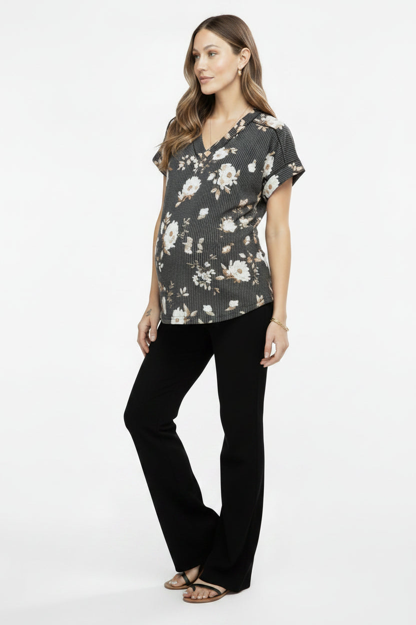 Ribbed V Neck Floral Top