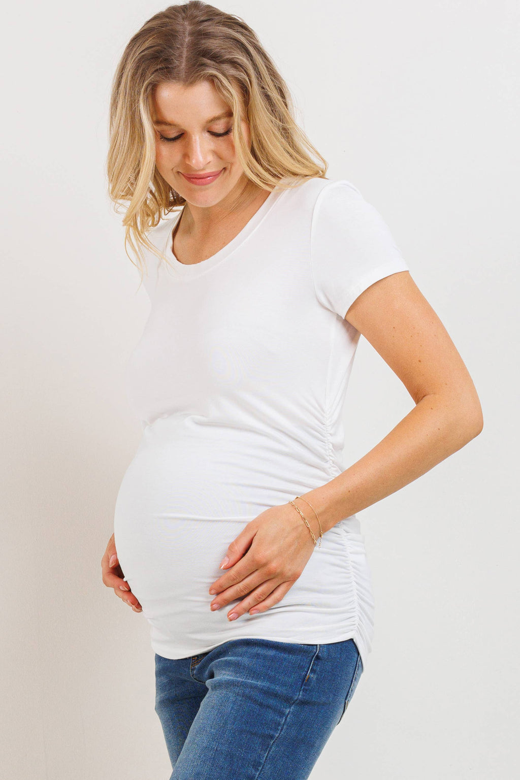 Ivory Ruched Short Sleeve Maternity V-Neck Top