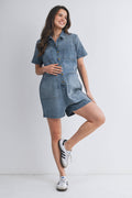 Button Front Denim Romper with Collar