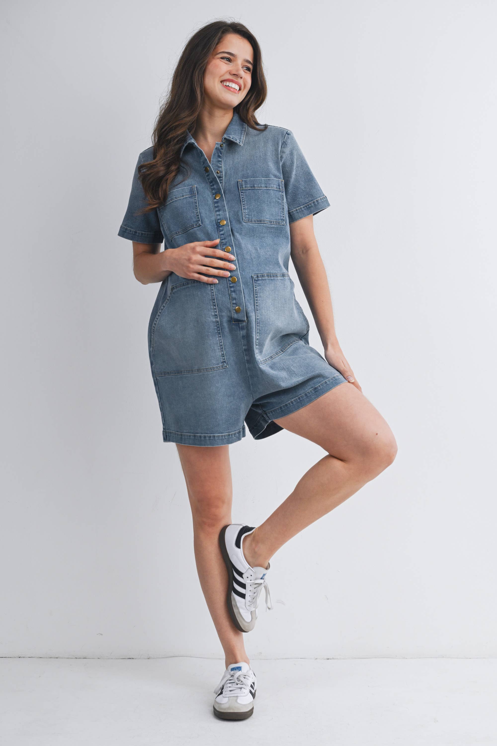 Button Front Denim Romper with Collar
